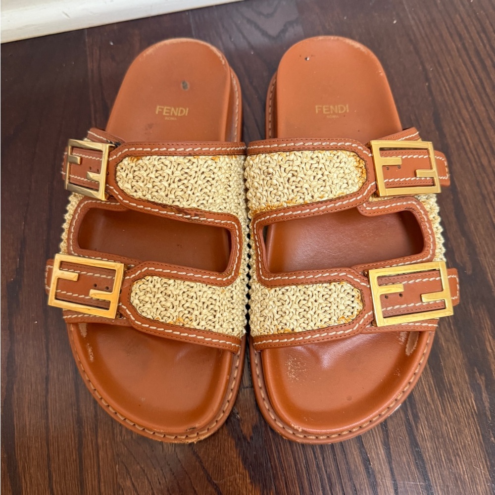 Fendi Raffia Vitello Slide Sandals